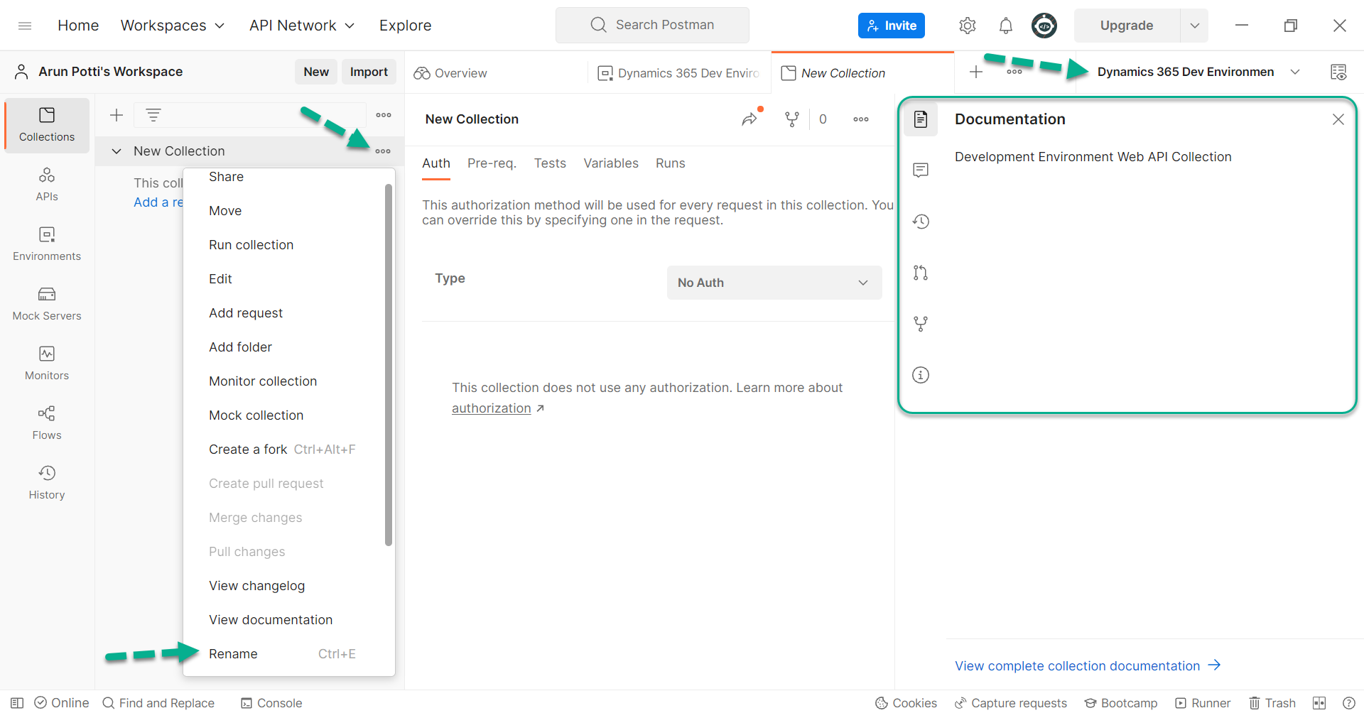 setup and connect to the Dataverse environment in Postman
